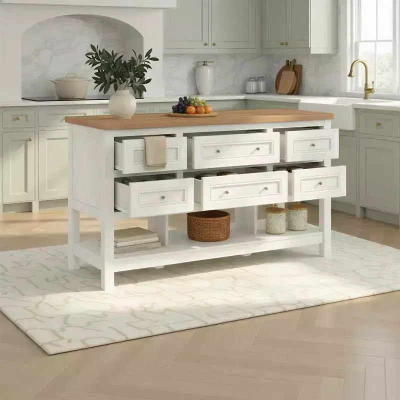 Îlot de cuisine autoportant en MDF avec 6 tiroirs et étagère ouverte 132 cm (L) x 76 cm (H)