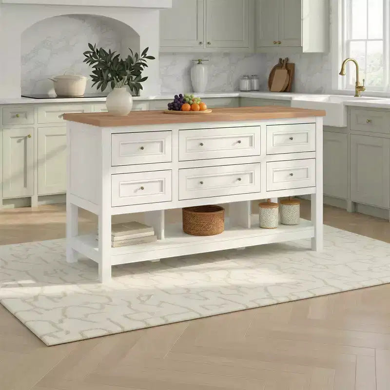 Îlot de cuisine autoportant en MDF avec 6 tiroirs et étagère ouverte 132 cm (L) x 76 cm (H)