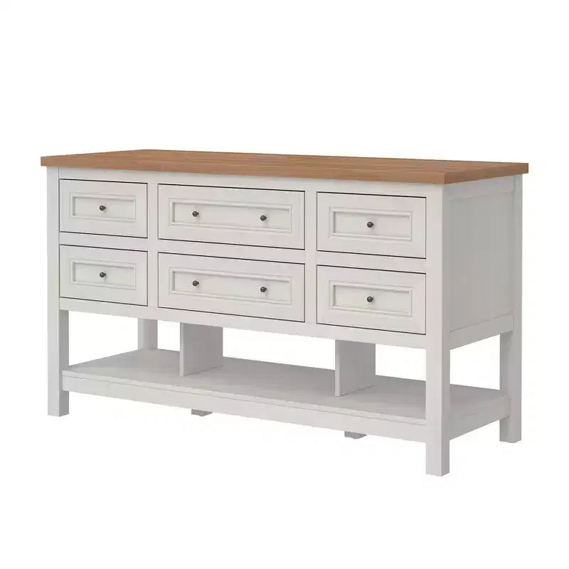 Îlot de cuisine autoportant en MDF avec 6 tiroirs et étagère ouverte 132 cm (L) x 76 cm (H)
