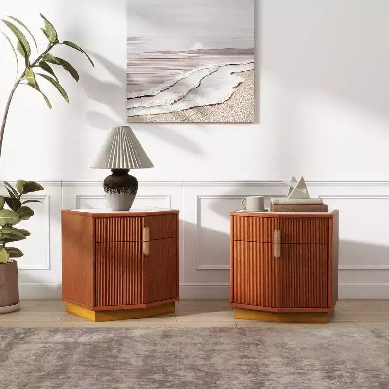 Table de chevet en MDF à 2 tiroirs avec motif à rayures verticales et rails silencieux 55,9 cm L x 61,5 cm H
