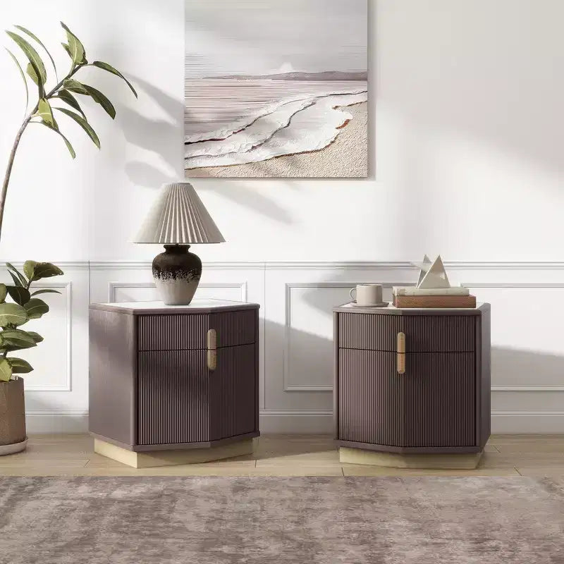 Table de chevet en MDF à 2 tiroirs avec motif à rayures verticales et rails silencieux 55,9 cm L x 61,5 cm H