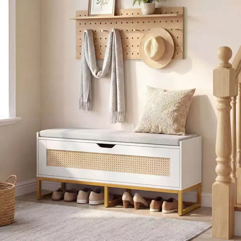 Banc de rangement en rotin, bois et métal avec siège rembourré et couvercle relevable de 39,5 po de largeur