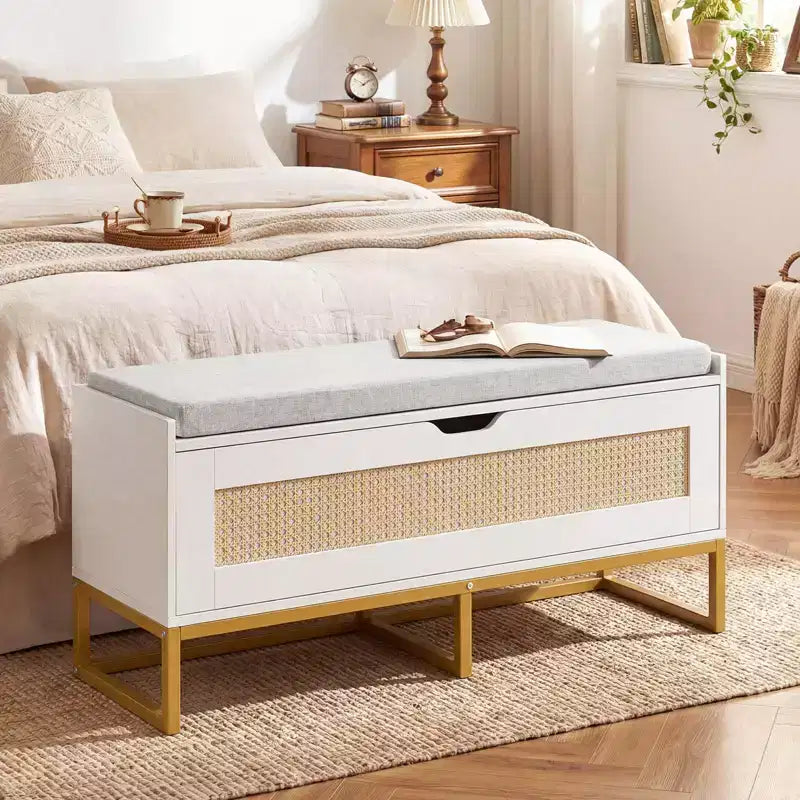 Banc de rangement en rotin, bois et métal avec siège rembourré et couvercle relevable de 39,5 po de largeur