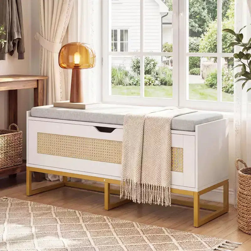 Banc de rangement en rotin, bois et métal avec siège rembourré et couvercle relevable de 39,5 po de largeur