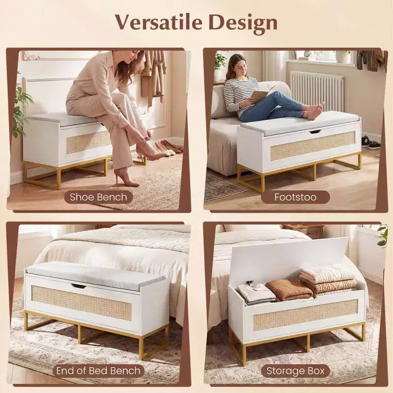 Banc de rangement en rotin, bois et métal avec siège rembourré et couvercle relevable de 39,5 po de largeur