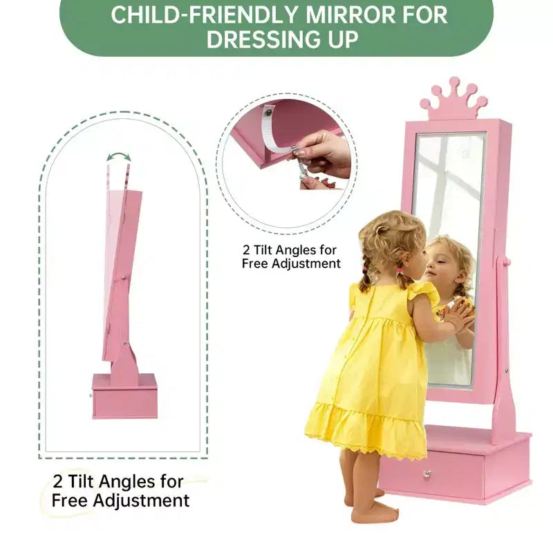 Boîte à Bijoux Enfant en Bois Manufacturé avec Miroir LED et 3 Tiroirs