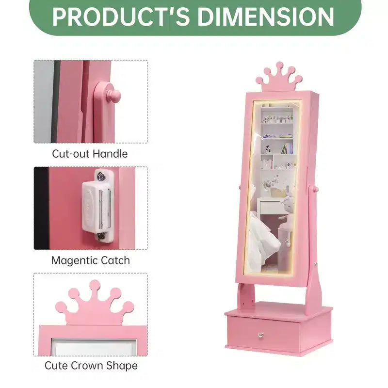 Boîte à Bijoux Enfant en Bois Manufacturé avec Miroir LED et 3 Tiroirs