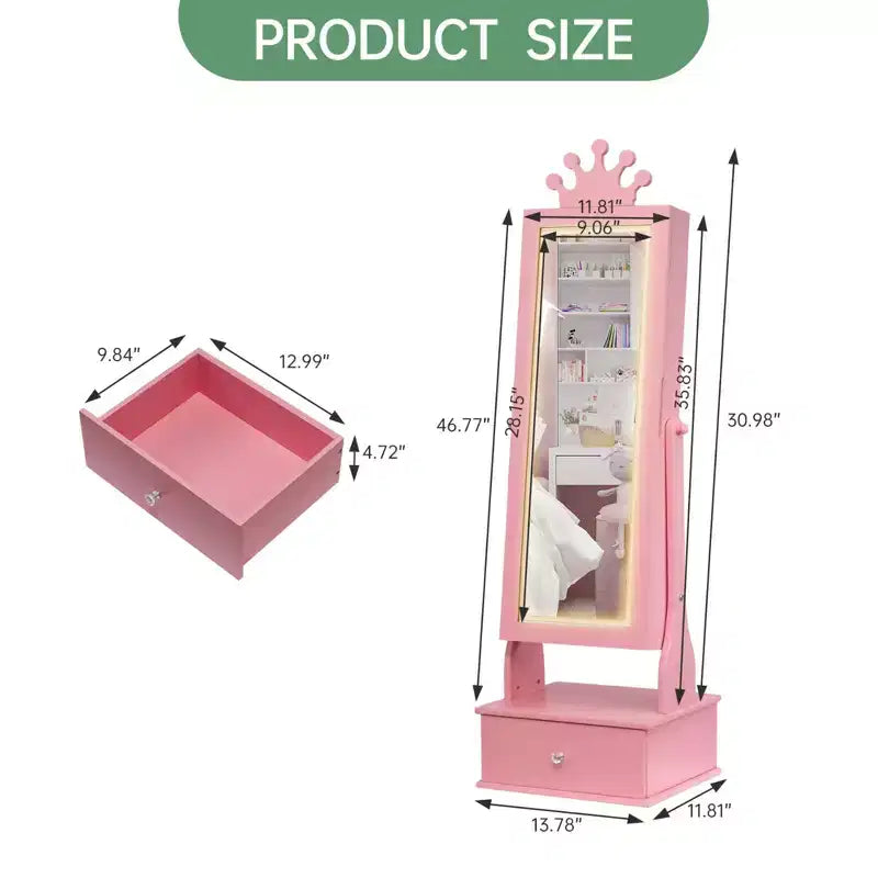 Boîte à Bijoux Enfant en Bois Manufacturé avec Miroir LED et 3 Tiroirs