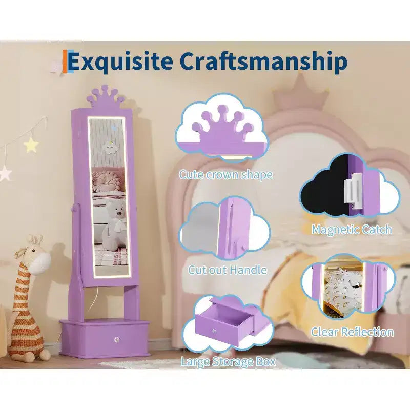 Boîte à Bijoux Enfant en Bois Manufacturé avec Miroir LED et 3 Tiroirs