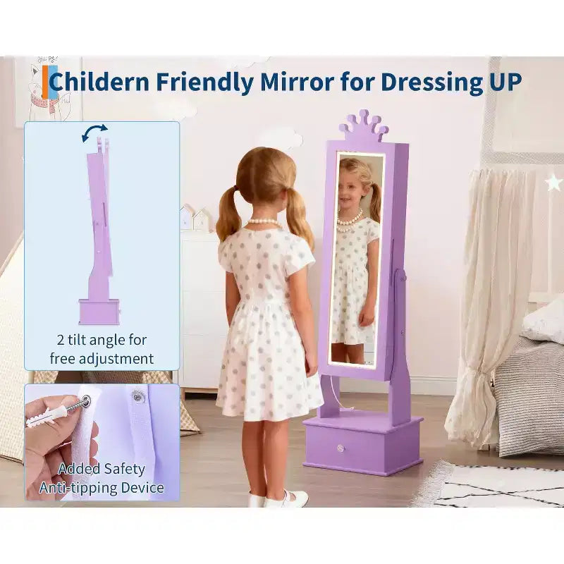 Boîte à Bijoux Enfant en Bois Manufacturé avec Miroir LED et 3 Tiroirs