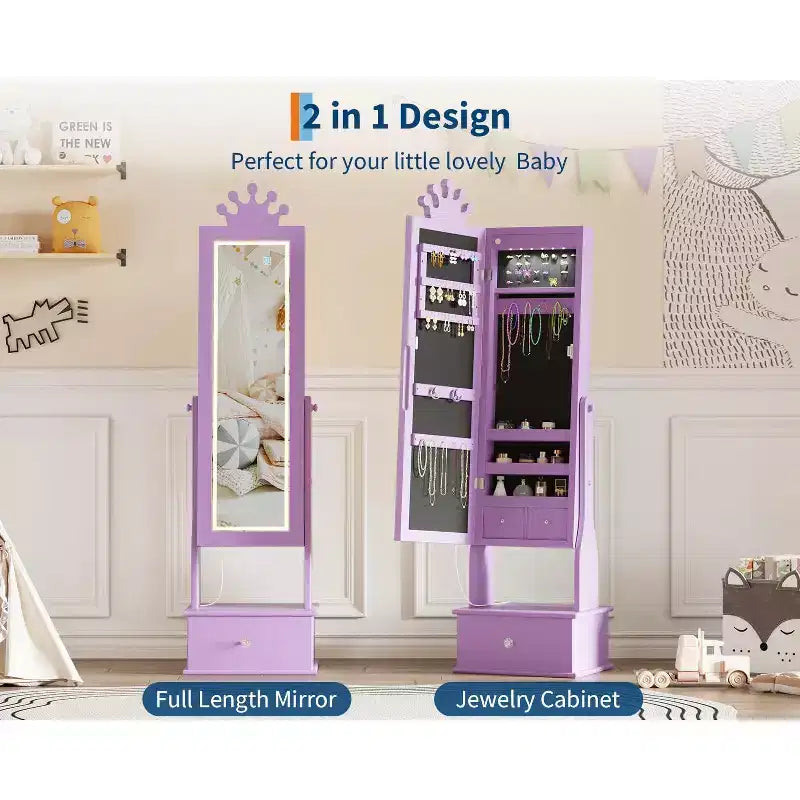 Boîte à Bijoux Enfant en Bois Manufacturé avec Miroir LED et 3 Tiroirs