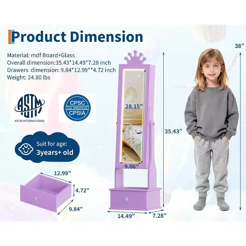 Boîte à Bijoux Enfant en Bois Manufacturé avec Miroir LED et 3 Tiroirs