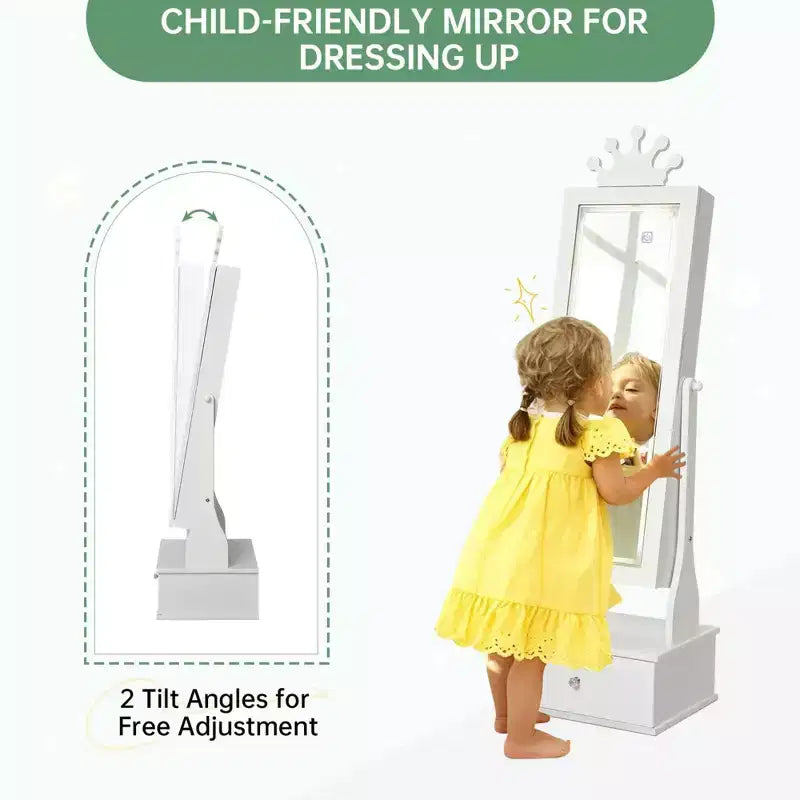 Boîte à Bijoux Enfant en Bois Manufacturé avec Miroir LED et 3 Tiroirs