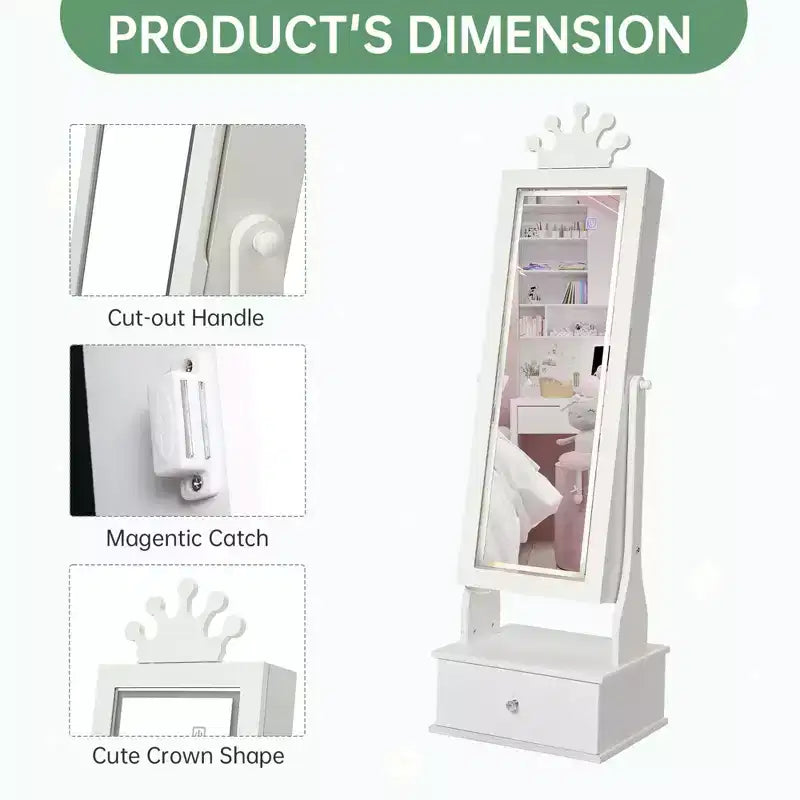 Boîte à Bijoux Enfant en Bois Manufacturé avec Miroir LED et 3 Tiroirs