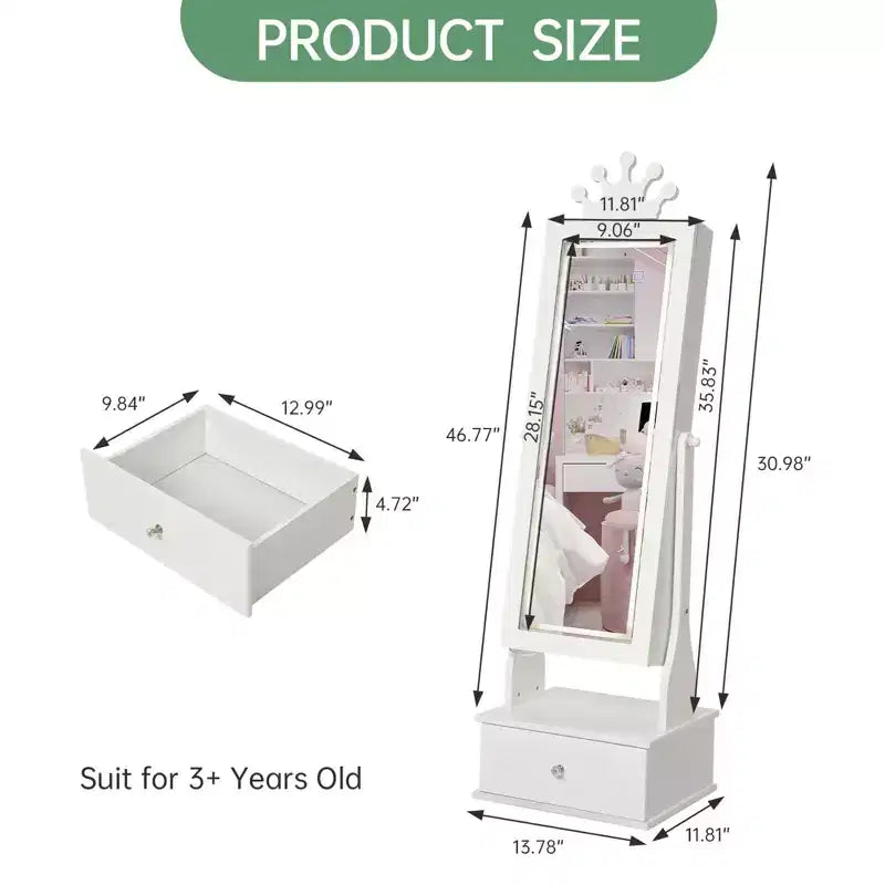 Boîte à Bijoux Enfant en Bois Manufacturé avec Miroir LED et 3 Tiroirs