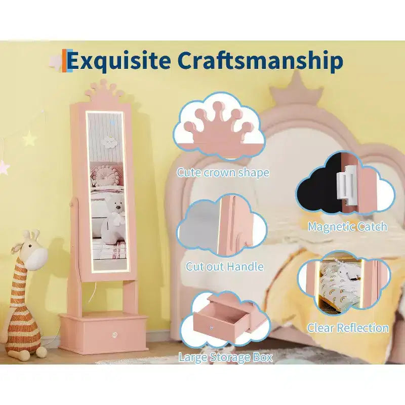Boîte à Bijoux Enfant en Bois Manufacturé avec Miroir LED et 3 Tiroirs