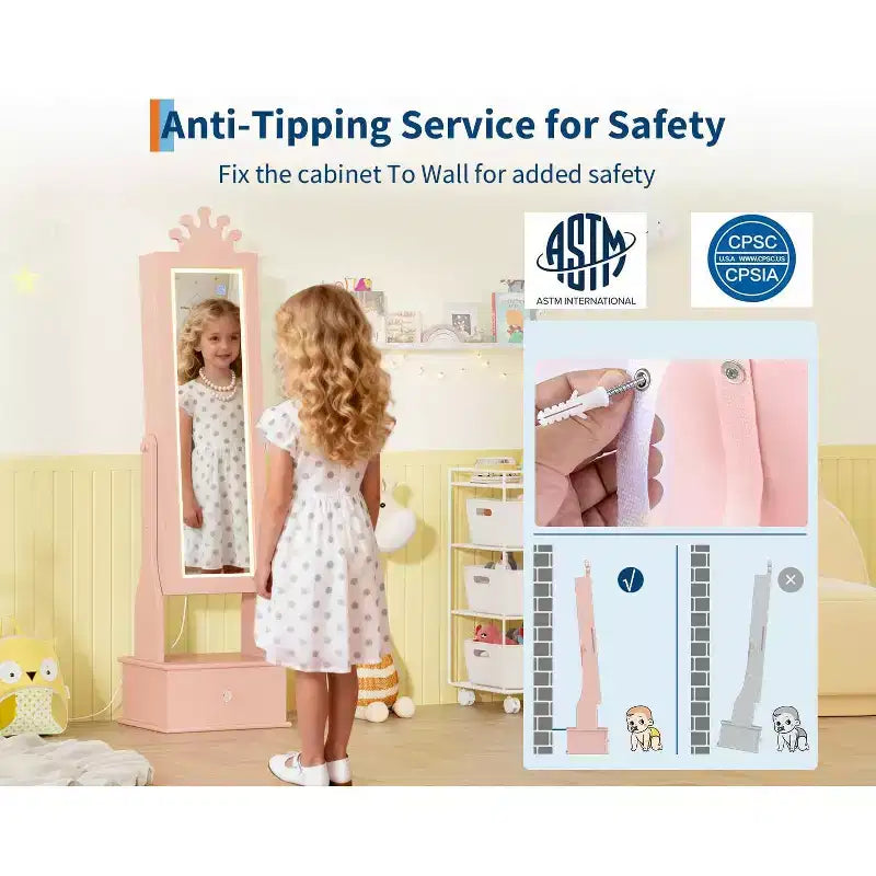 Boîte à Bijoux Enfant en Bois Manufacturé avec Miroir LED et 3 Tiroirs