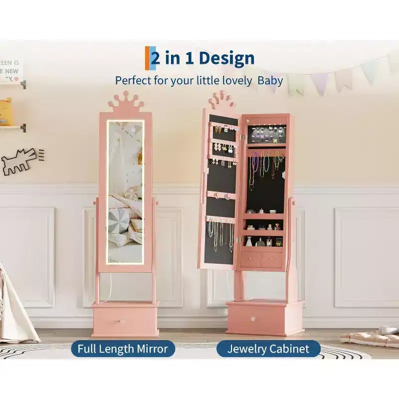 Boîte à Bijoux Enfant en Bois Manufacturé avec Miroir LED et 3 Tiroirs