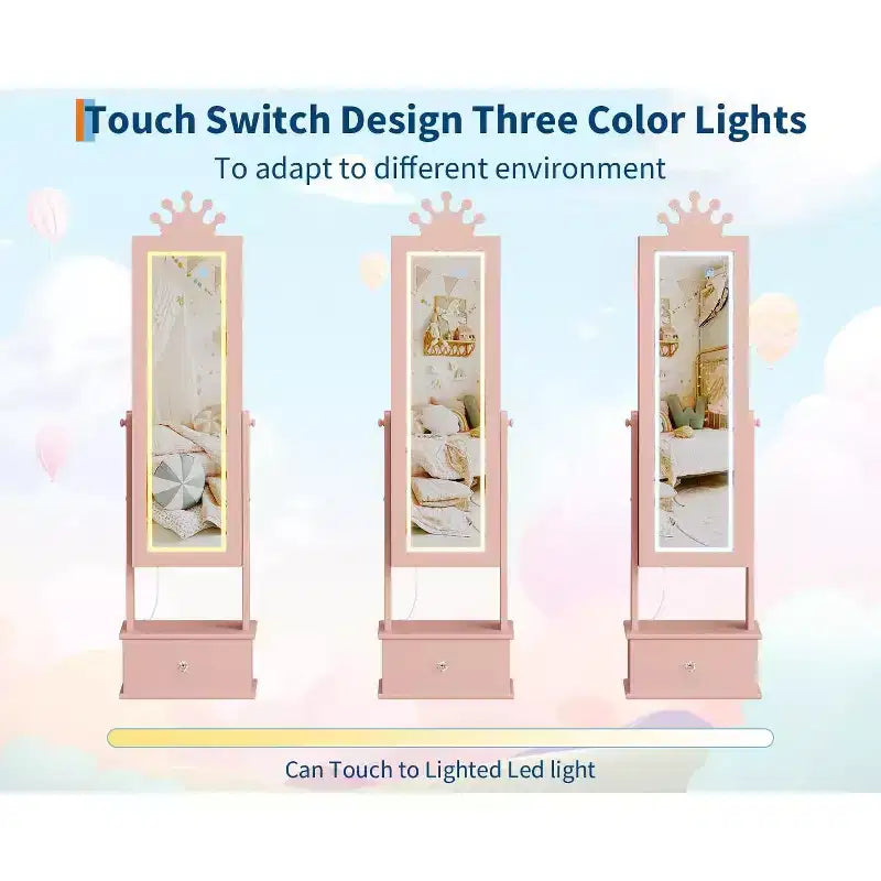 Boîte à Bijoux Enfant en Bois Manufacturé avec Miroir LED et 3 Tiroirs