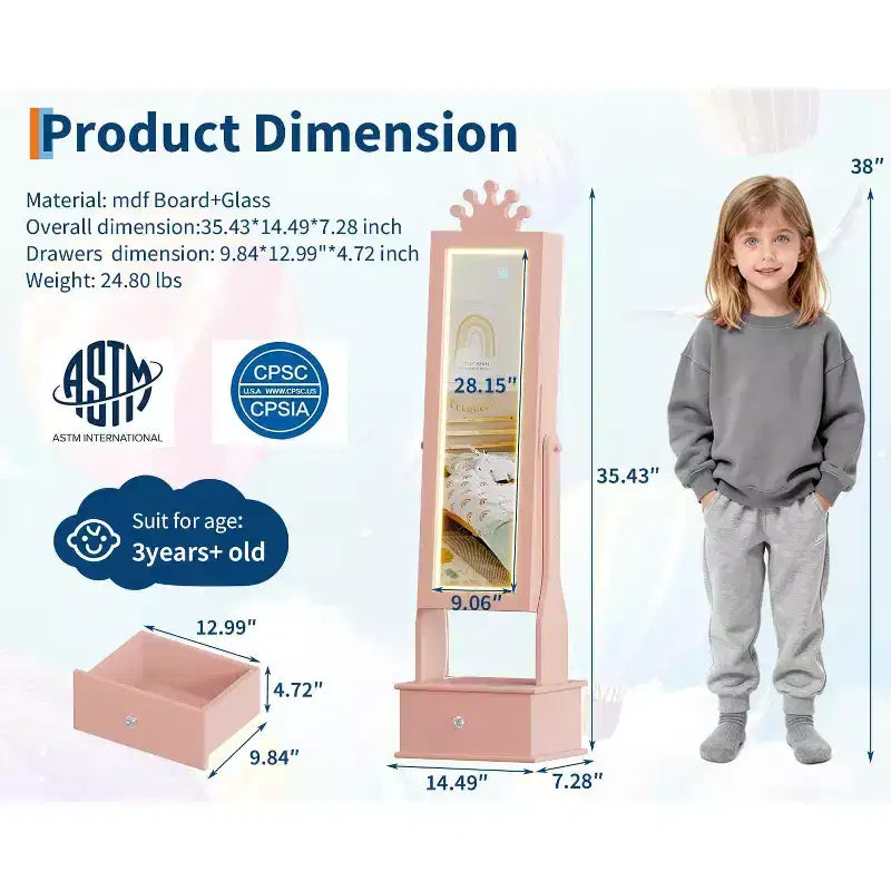 Boîte à Bijoux Enfant en Bois Manufacturé avec Miroir LED et 3 Tiroirs