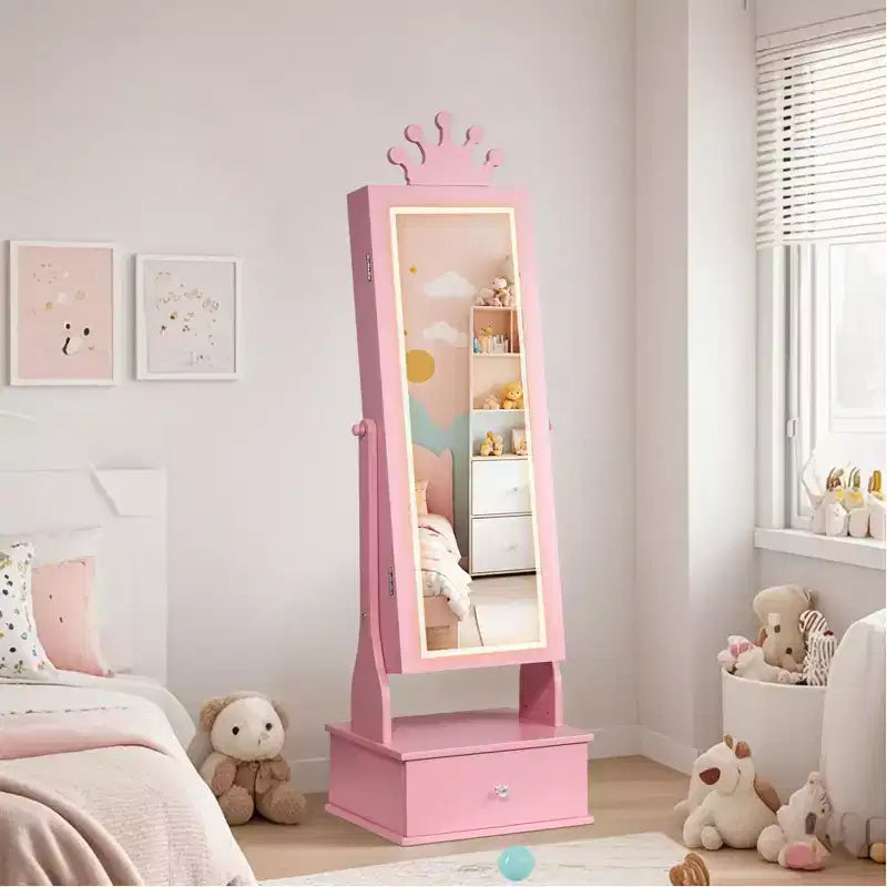 Boîte à Bijoux Enfant en Bois Manufacturé avec Miroir LED et 3 Tiroirs