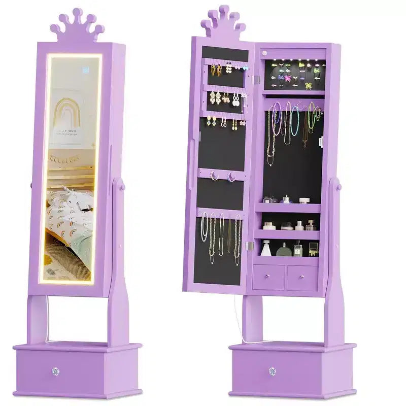 Boîte à Bijoux Enfant en Bois Manufacturé avec Miroir LED et 3 Tiroirs
