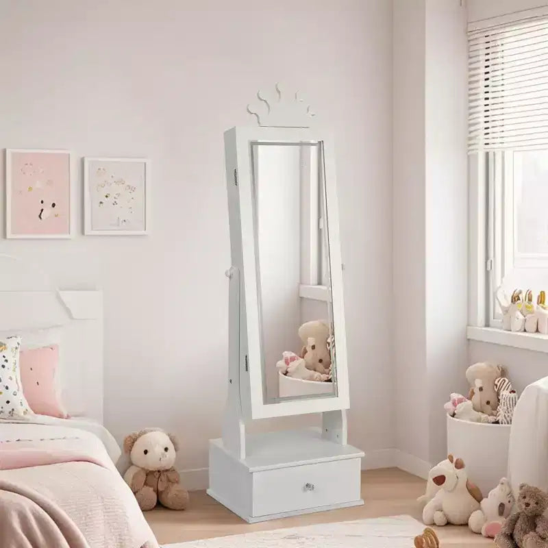 Boîte à Bijoux Enfant en Bois Manufacturé avec Miroir LED et 3 Tiroirs