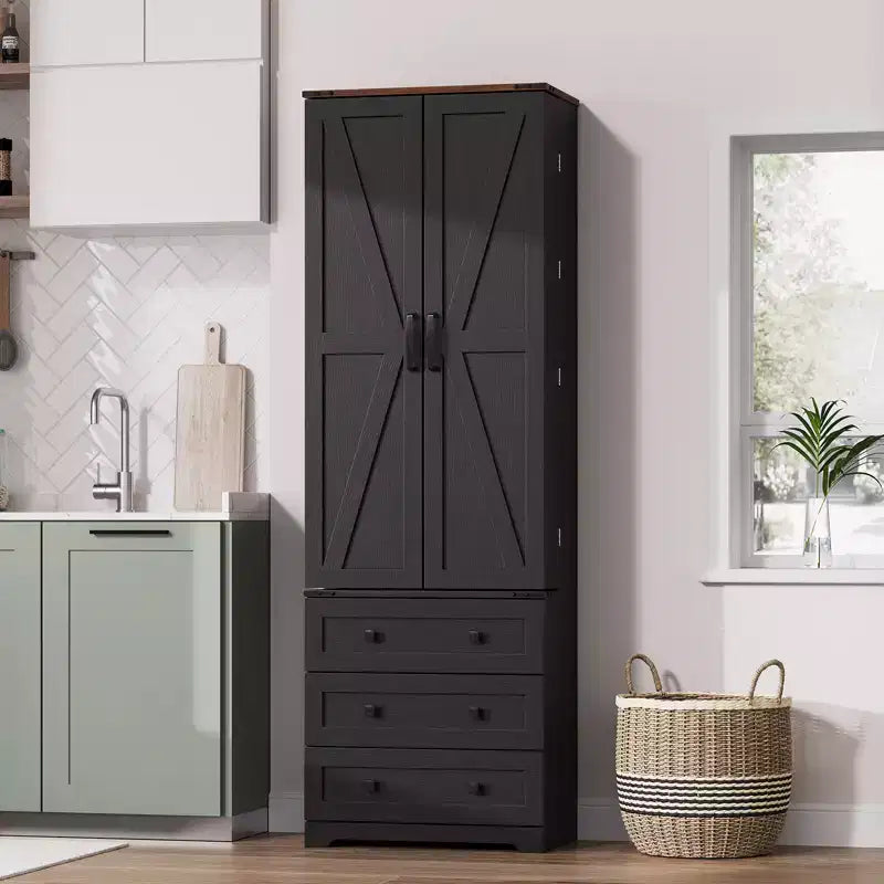 Garde-manger de ferme en bois avec portes de grange, 3 tiroirs et étagères réglables, hauteur 183 cm