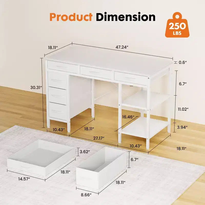 Bureau d'ordinateur en panneau de particules et métal avec 6 tiroirs en tissu et étagère réglable