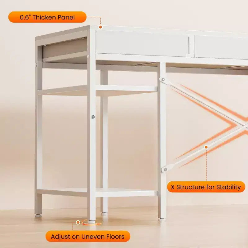 Bureau d'ordinateur en panneau de particules et métal avec 6 tiroirs en tissu et étagère réglable