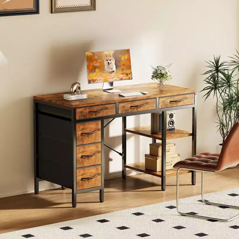 Bureau d'ordinateur en panneau de particules et métal avec 6 tiroirs en tissu et étagère réglable