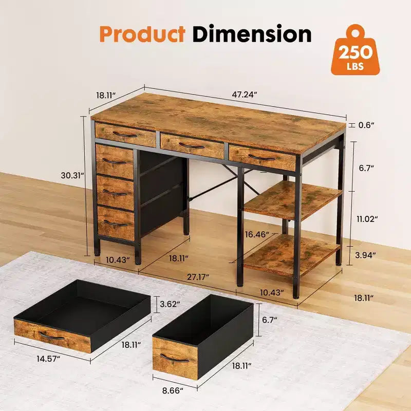 Bureau d'ordinateur en panneau de particules et métal avec 6 tiroirs en tissu et étagère réglable