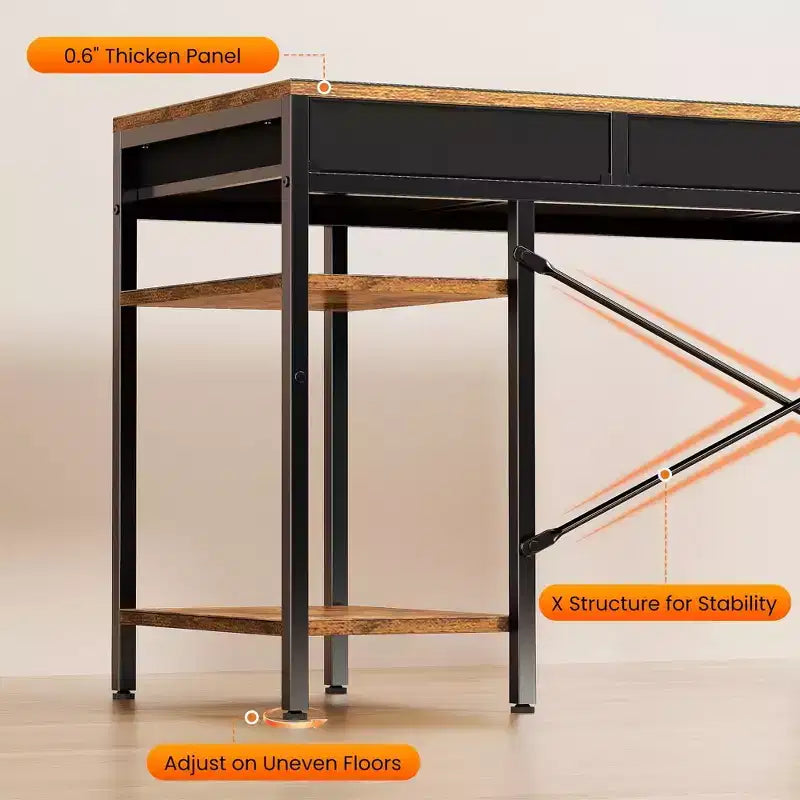 Bureau d'ordinateur en panneau de particules et métal avec 6 tiroirs en tissu et étagère réglable