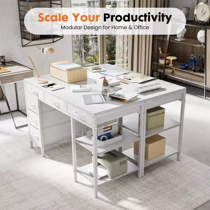 Bureau d'ordinateur en panneau de particules et métal avec 6 tiroirs en tissu et étagère réglable