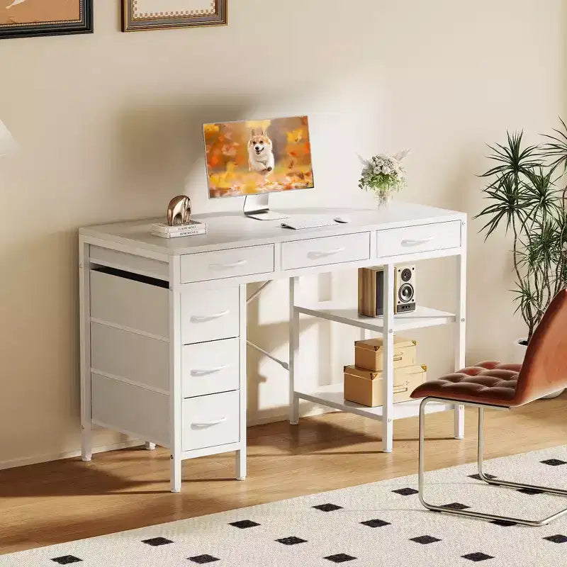 Bureau d'ordinateur en panneau de particules et métal avec 6 tiroirs en tissu et étagère réglable