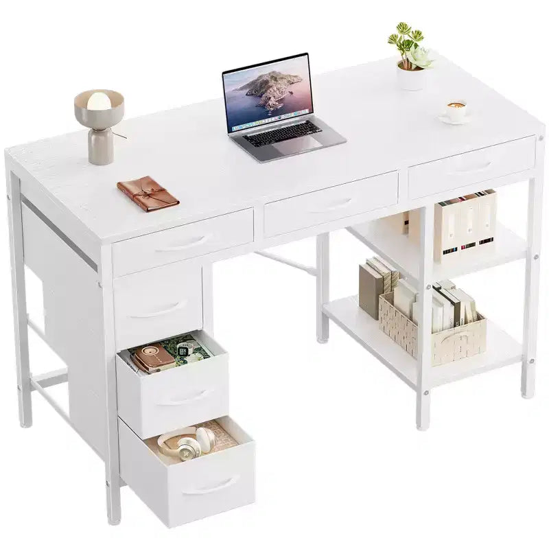 Bureau d'ordinateur en panneau de particules et métal avec 6 tiroirs en tissu et étagère réglable