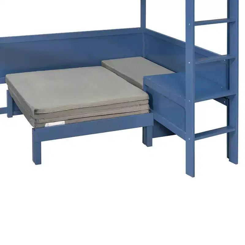 Lit mezzanine complet en contreplaqué, MDF et pin avec bureau, canapé et lumière LED 77,8"L x 97"P x 68,9"H