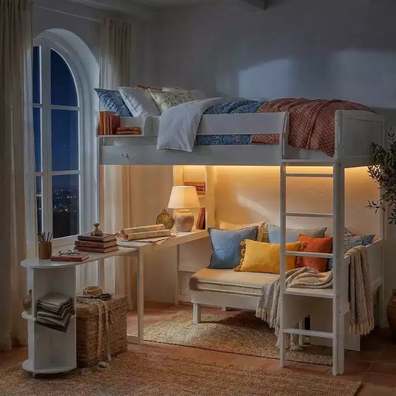 Lit mezzanine complet en contreplaqué, MDF et pin avec bureau, canapé et lumière LED 77,8"L x 97"P x 68,9"H