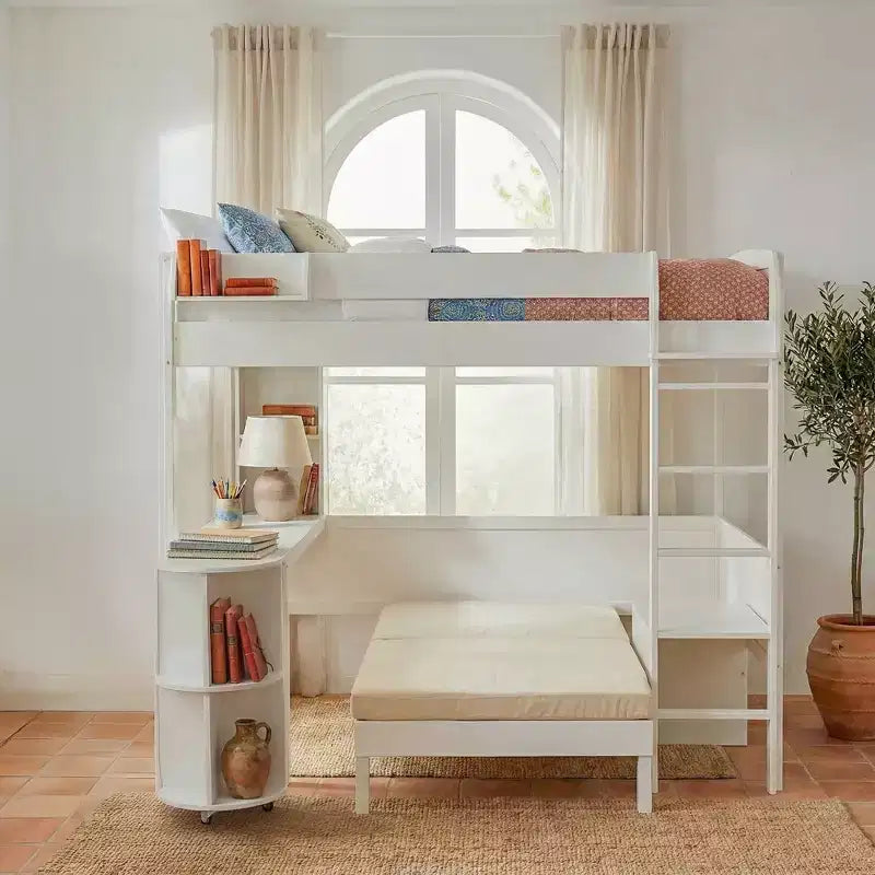 Lit mezzanine complet en contreplaqué, MDF et pin avec bureau, canapé et lumière LED 77,8"L x 97"P x 68,9"H