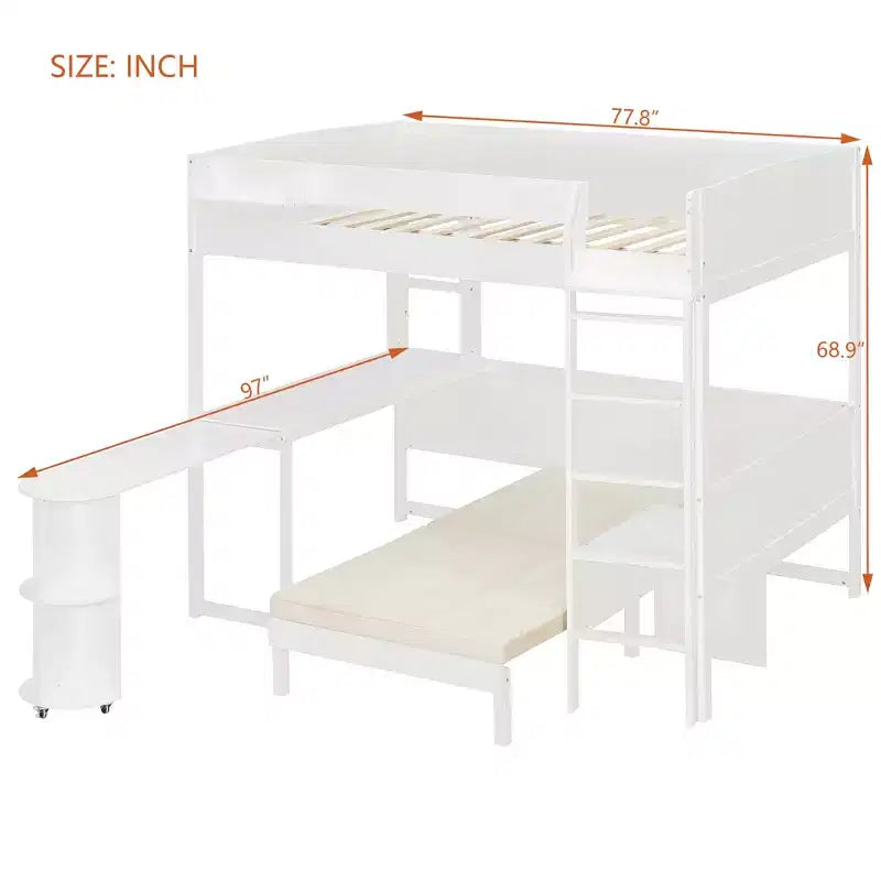 Lit mezzanine complet en contreplaqué, MDF et pin avec bureau, canapé et lumière LED 77,8"L x 97"P x 68,9"H