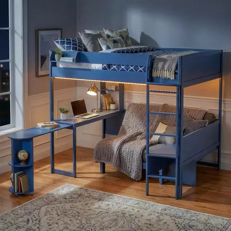 Lit mezzanine complet en contreplaqué, MDF et pin avec bureau, canapé et lumière LED 77,8"L x 97"P x 68,9"H
