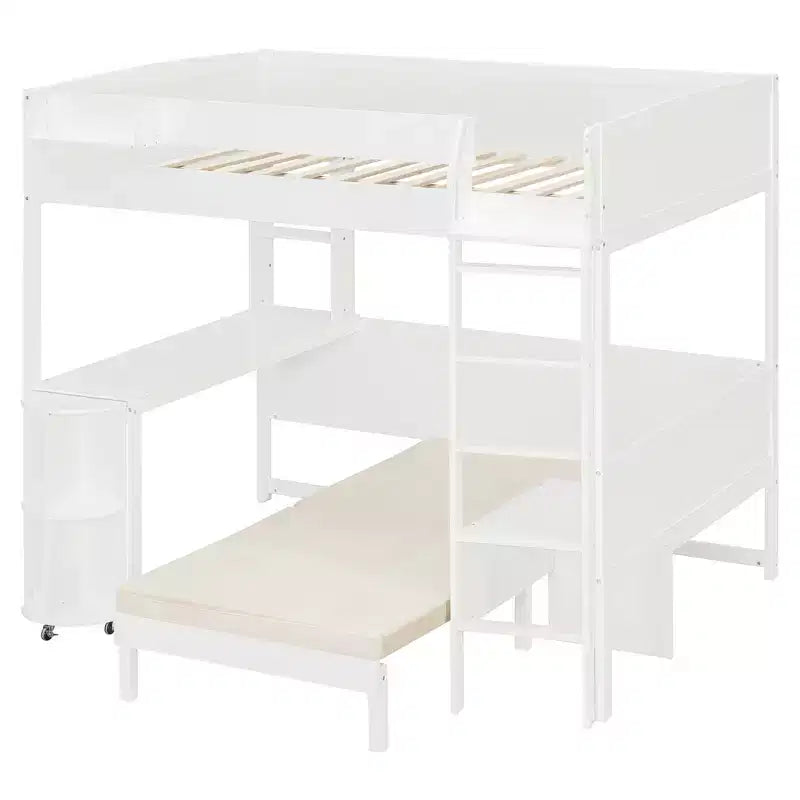 Lit mezzanine complet en contreplaqué, MDF et pin avec bureau, canapé et lumière LED 77,8"L x 97"P x 68,9"H