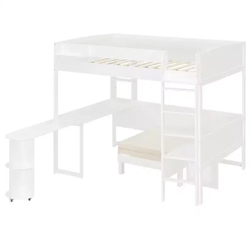 Lit mezzanine complet en contreplaqué, MDF et pin avec bureau, canapé et lumière LED 77,8"L x 97"P x 68,9"H