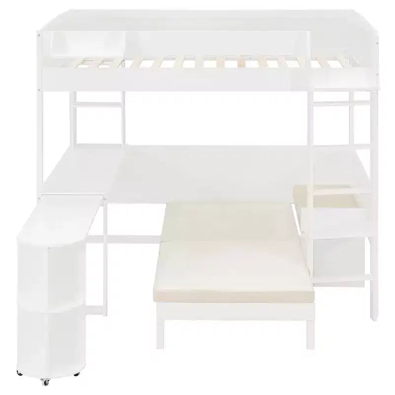 Lit mezzanine complet en contreplaqué, MDF et pin avec bureau, canapé et lumière LED 77,8"L x 97"P x 68,9"H