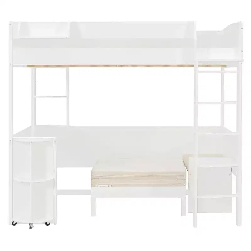 Lit mezzanine complet en contreplaqué, MDF et pin avec bureau, canapé et lumière LED 77,8"L x 97"P x 68,9"H