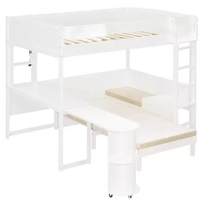 Lit mezzanine complet en contreplaqué, MDF et pin avec bureau, canapé et lumière LED 77,8"L x 97"P x 68,9"H