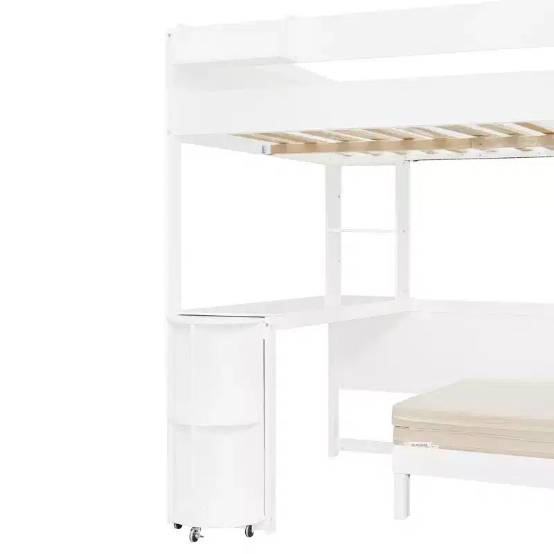 Lit mezzanine complet en contreplaqué, MDF et pin avec bureau, canapé et lumière LED 77,8"L x 97"P x 68,9"H