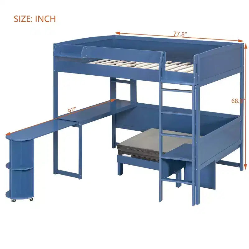 Lit mezzanine complet en contreplaqué, MDF et pin avec bureau, canapé et lumière LED 77,8"L x 97"P x 68,9"H