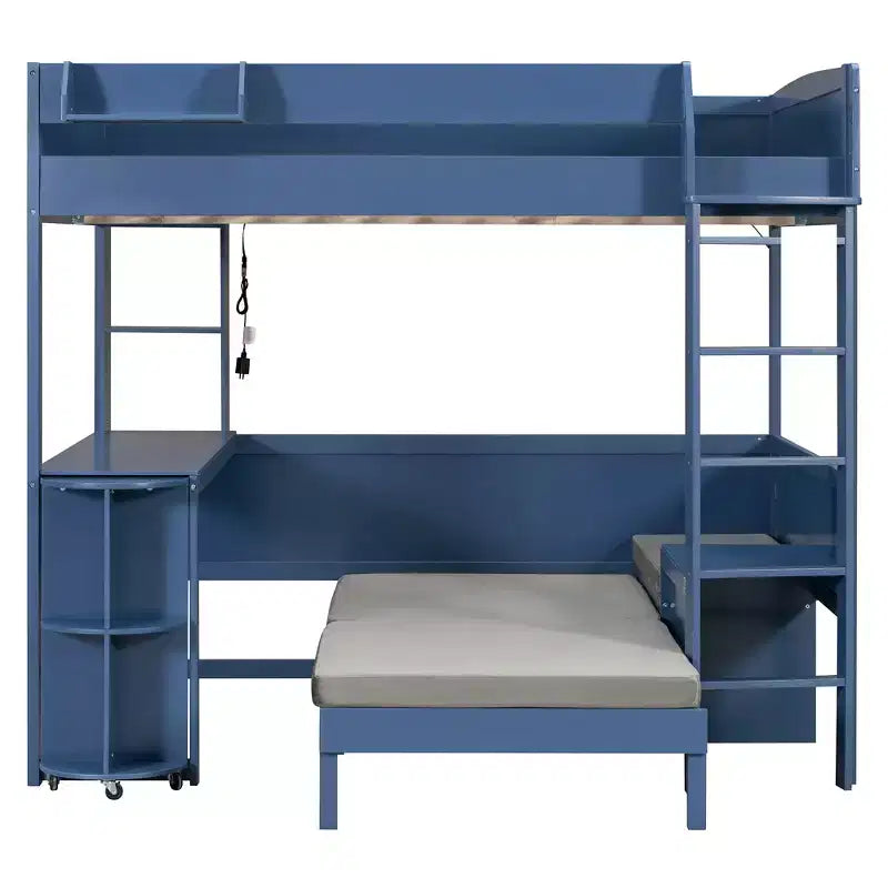 Lit mezzanine complet en contreplaqué, MDF et pin avec bureau, canapé et lumière LED 77,8"L x 97"P x 68,9"H