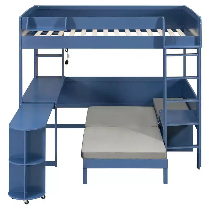 Lit mezzanine complet en contreplaqué, MDF et pin avec bureau, canapé et lumière LED 77,8"L x 97"P x 68,9"H